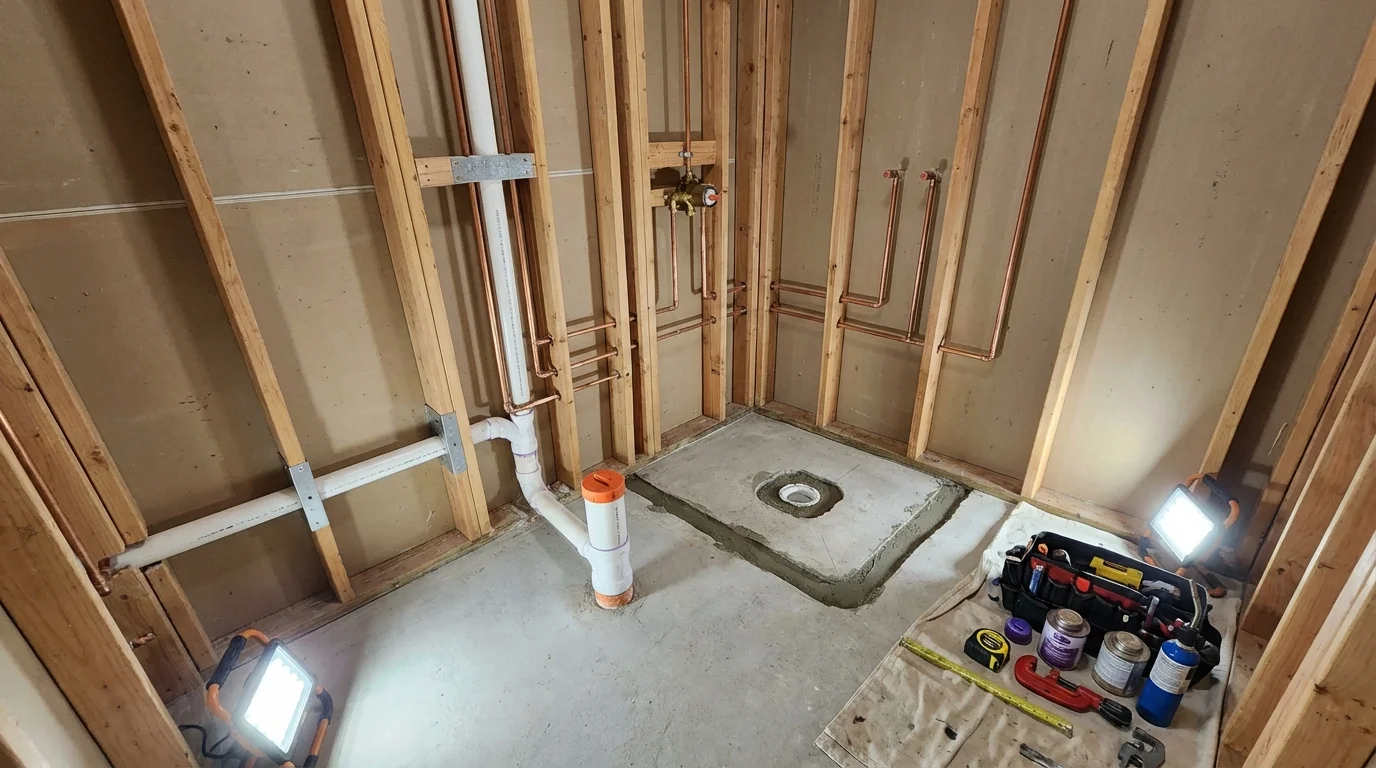 Bathroom rough-in plumbing during remodel by Johns Plumbing LLC in Estes Park