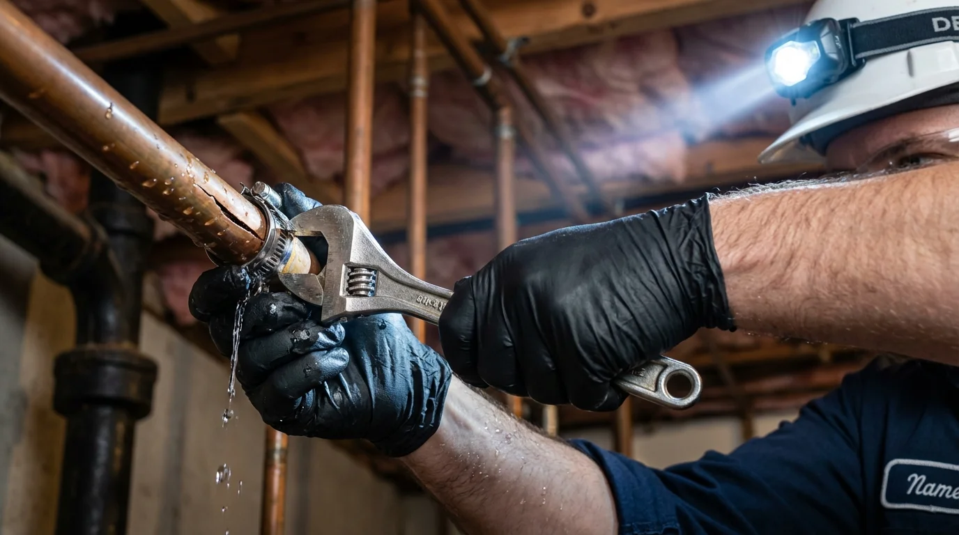 Emergency pipe clamp repair being performed by a Johns Plumbing LLC plumber in Estes Park