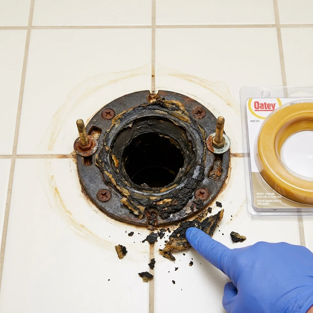 Failed wax ring showing water seepage at the base of a toilet in a Estes Park, CO home