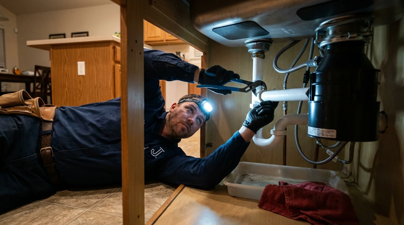 P-trap and supply line connections under a kitchen sink showing a common leak point in Estes Park, CO